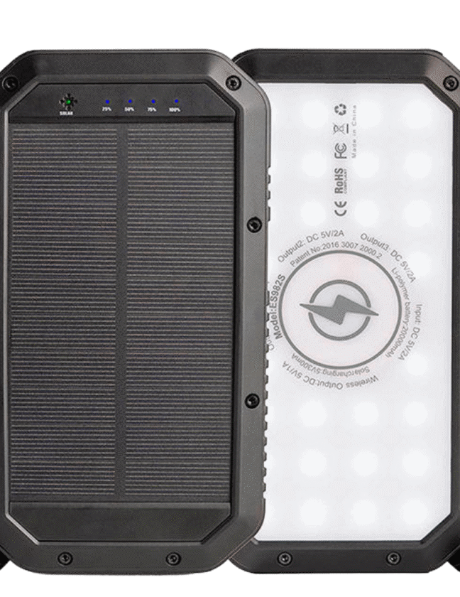 Solarbetriebene Powerbank 20.000mAh mit LED-Licht und kabelloser Ladestation für Mobiltelefone